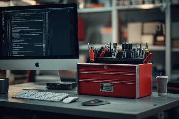 red toolbox on a desk by a computer monitor