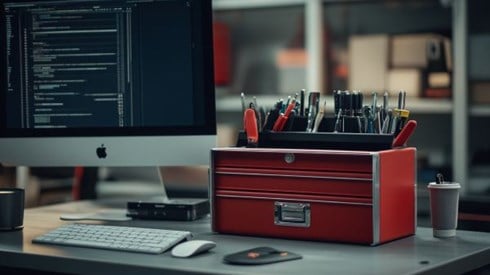 red toolbox on a desk by a computer monitor