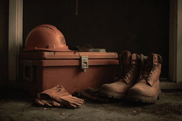 Work gloves and work boots in front of an orange tool box with an orange hardhat on top of it