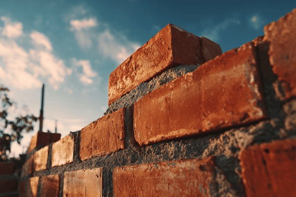 An unfinished red brick wall being built