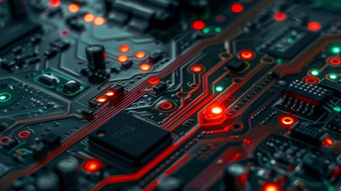 A close-up photo of a circuit board, with red and green glowing lights.