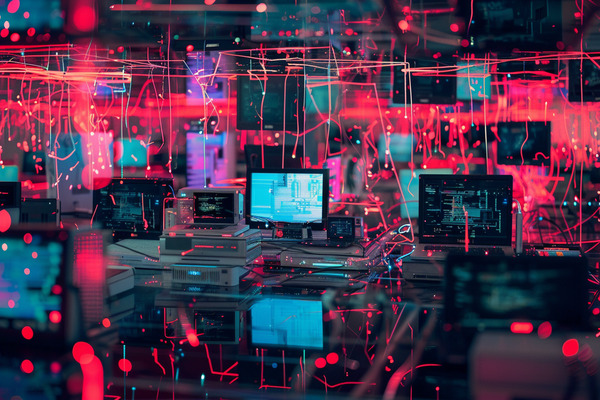A series of computer monitors with analytics on their screens, and vibrant digital data streams flowing between them.