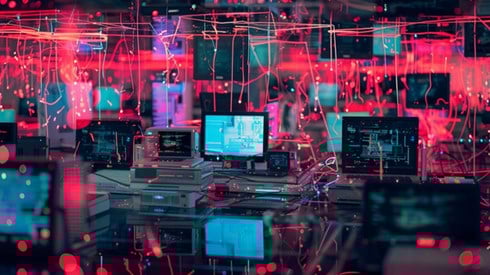 A series of computer monitors with analytics on their screens, and vibrant digital data streams flowing between them.