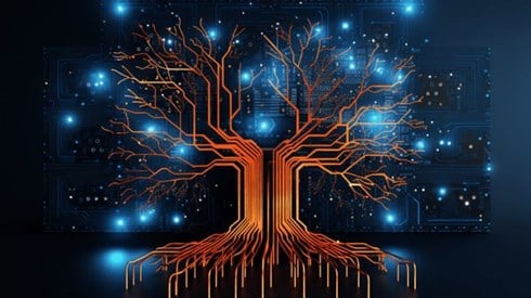 Circuit wires in the form of a tree against muted digital points of light