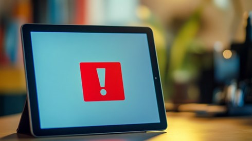 A digital tablet displaying an exclamation point icon.