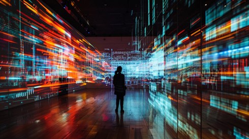 A woman standing in an empty office suite with digital data streams flowing past her on both sides.