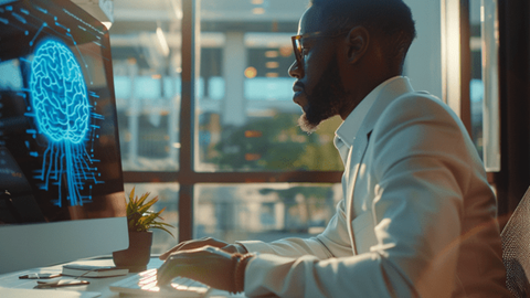 A businessman typing on his keyboard while using AI in the office