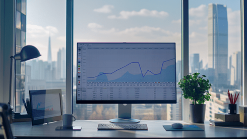 A computer showing an increasing line graph sits on an office desk with a city view