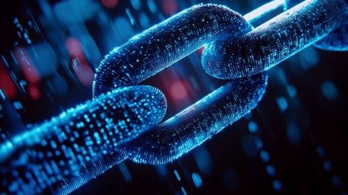 Three links of a blue cyber chain