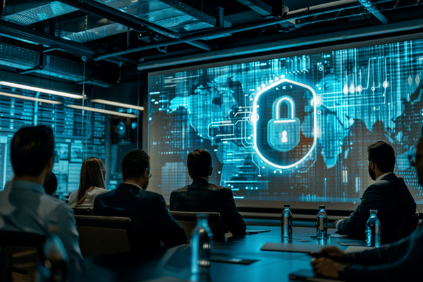 A group of coworkers seated in a conference room at a presentation about cyber risk and prevention