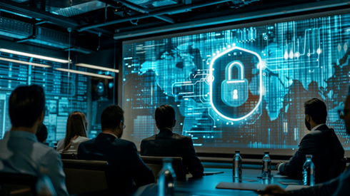 A group of coworkers seated in a conference room at a presentation about cyber risk and prevention