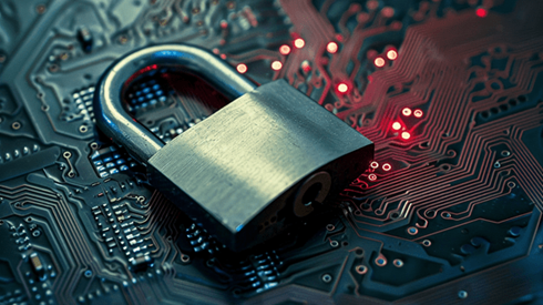 A padlock lays on a circuit board that's glowing red