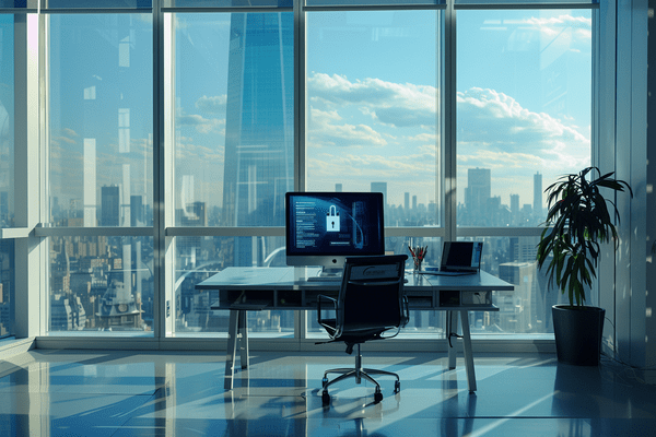 A large office overlooking the city with a locked computer at the desk