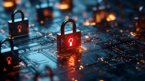 A glowing red padlock stands aside other padlocks on a circuit board