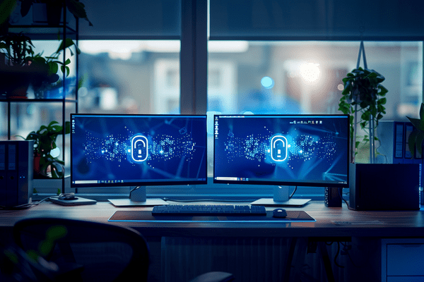 Two computer monitors on a desk both show a blue cyber lock