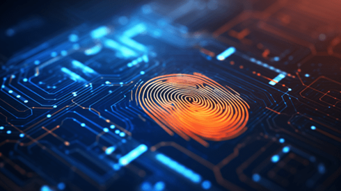 A Glowing Fingerprint Is Displayed on a Lit-Up Circuit Board Depicting Cyber Security