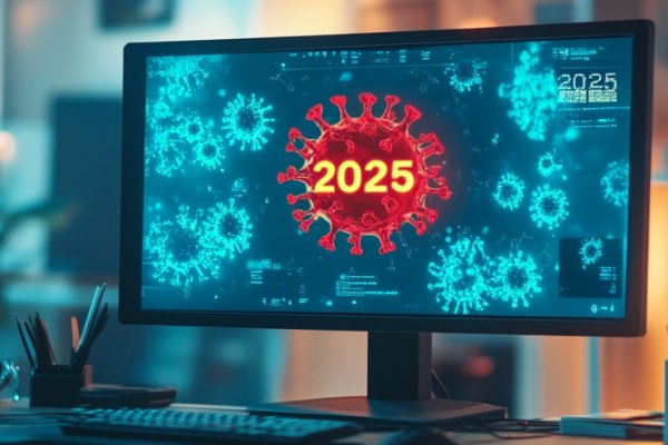 The number 2025 and images of viruses on a computer screen sitting on top of an office desk