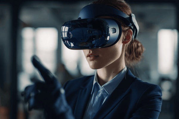 A businesswoman wearing a dark blue suit and virtual-reality goggles in an office