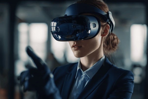 A businesswoman wearing a dark blue suit and virtual-reality goggles in an office