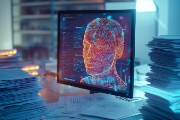 digital representation of a human face on a computer monitor with stacks of insurance papers scattered around