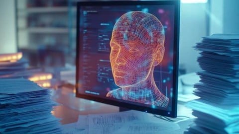 digital representation of a human face on a computer monitor with stacks of insurance papers scattered around