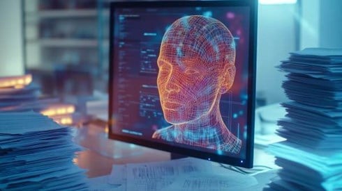 digital representation of a human face on a computer monitor with stacks of insurance papers scattered around