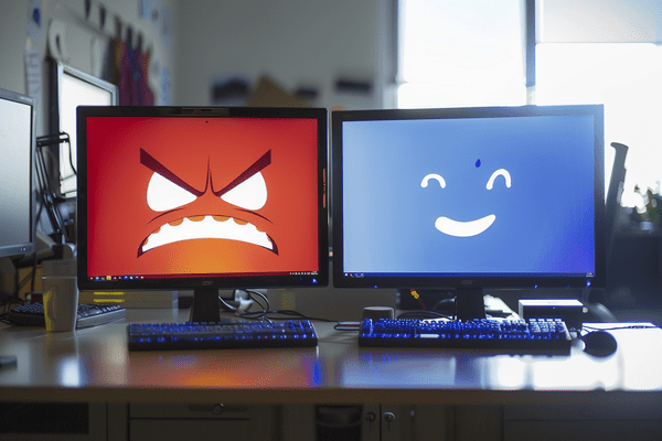 A computer monitor with an angry digital face on the left and a computer monitor with a happy digital facee on the right