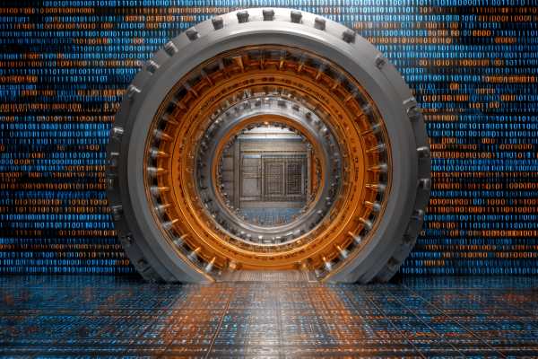 round metal doorway surrounded by digital blue and orange binary code