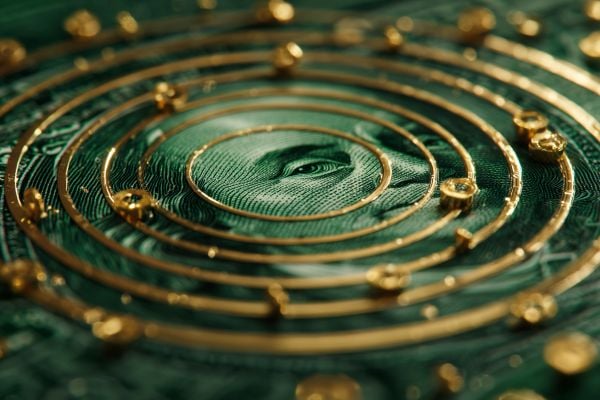 benjamin franklin's eye on the dollar bill looking out from gold concentric circles with gold coins scattered on them