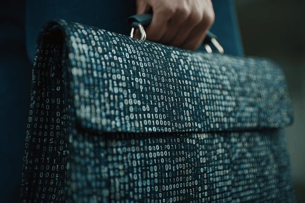 Close-up of a briefcase made out of binary code being carried by a businessman