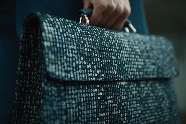 Close-up of a briefcase made out of binary code being carried by a businessman