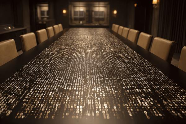 A conference table made out of binary code and surrounded by chairs