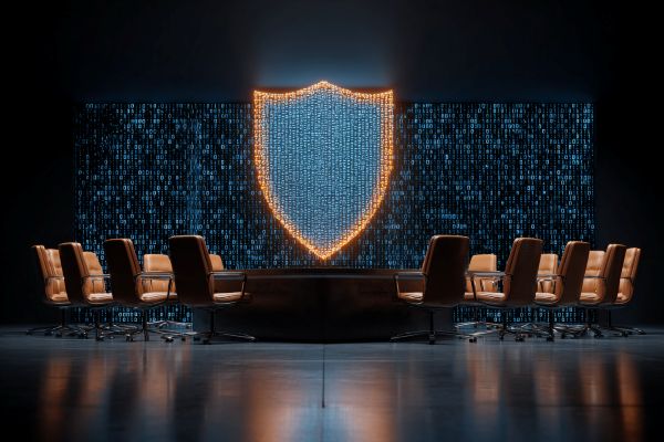 blue binary code shield on the wall above a round conference table and chairs