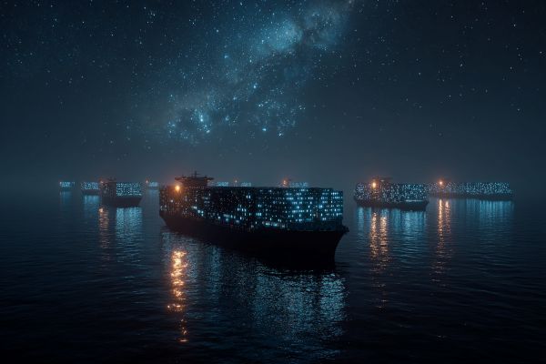 shipping containers made from glowing binary code on realistic cargo ships at sea at night
