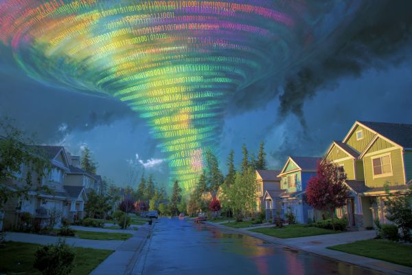 tornado made from colorful binary code over a realistic neighborhood