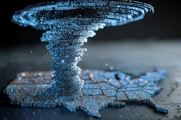 flat binary code US map on a table with a binary code tornado on top of it
