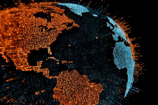 digital binary code globe of the US and northern Atlantic Ocean