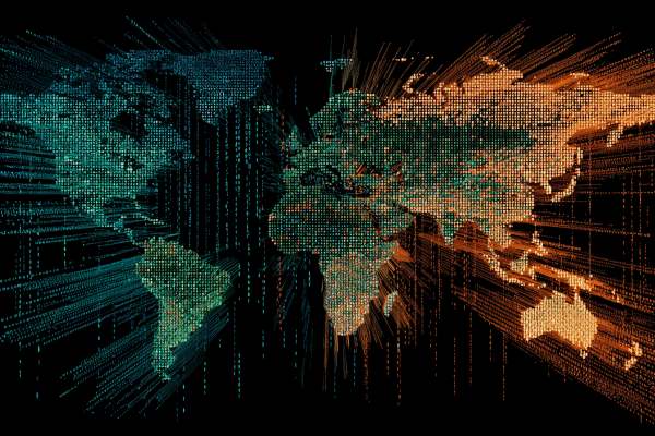 world map in green and orange binary code