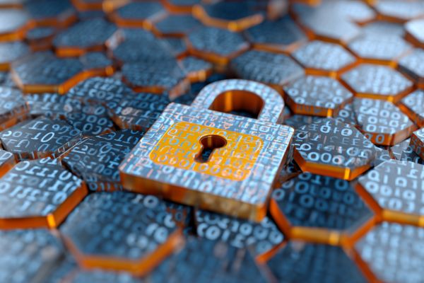 3D padlock icon inset into a blue and orange honeycomb pattern in binary code