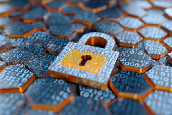 3D padlock icon inset into a blue and orange honeycomb pattern in binary code