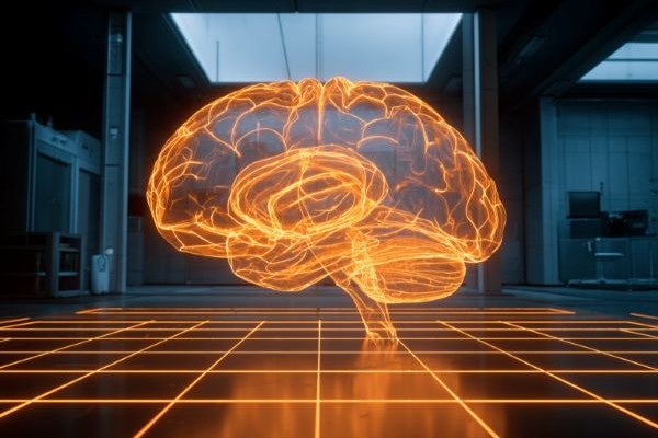 orange digital glowing brain hovering over an orange glowing grid on the floor of a commercial office