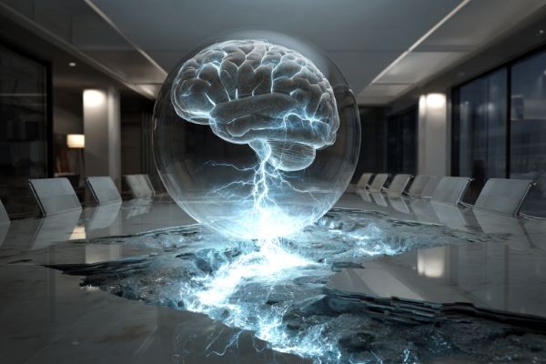 a digital brain in a floating glass ball causing a huge crack in the conference table below it
