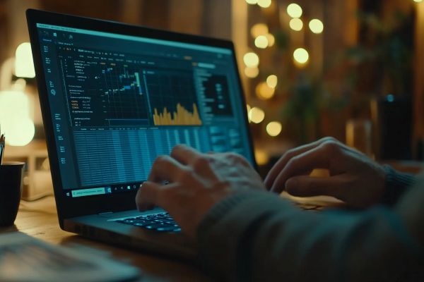 hands typing on a laptop with charts and graphs on screen
