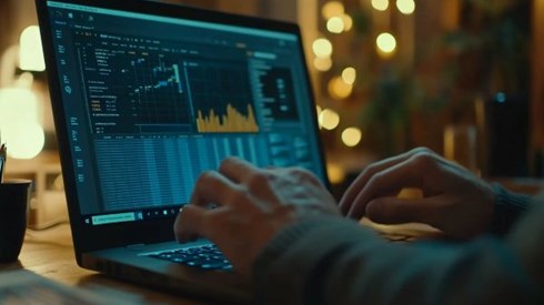 hands typing on a laptop with charts and graphs on screen