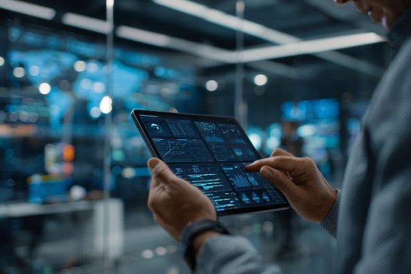businessman's hands holding a tablet in a high-tech corporate office