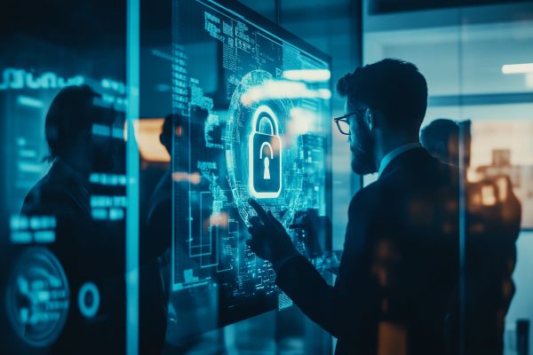 businessman looking at a padlock on a screen