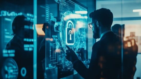 businessman looking at a padlock on a screen