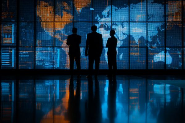 three businesspeople looking at at digital wall screen with a world map and charts in blue and orange