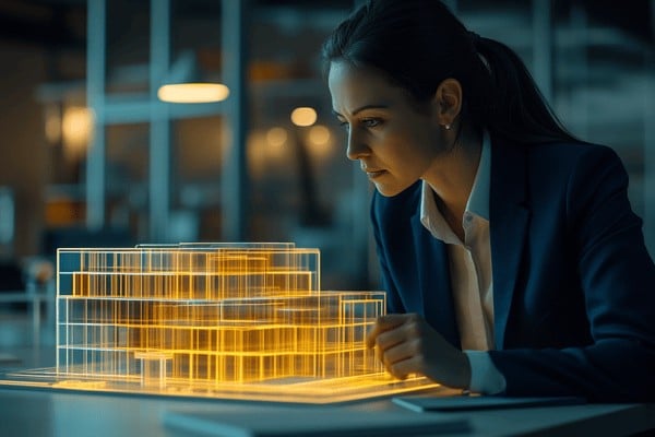 Businesswoman looking over a hologram of a digital office building
