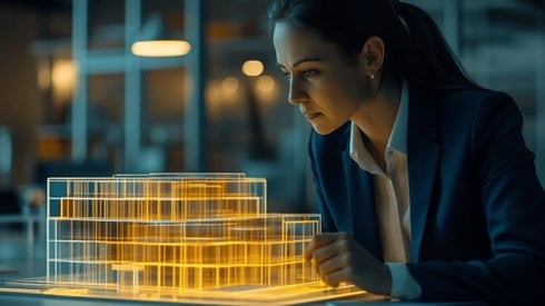 Businesswoman looking over a hologram of a digital office building
